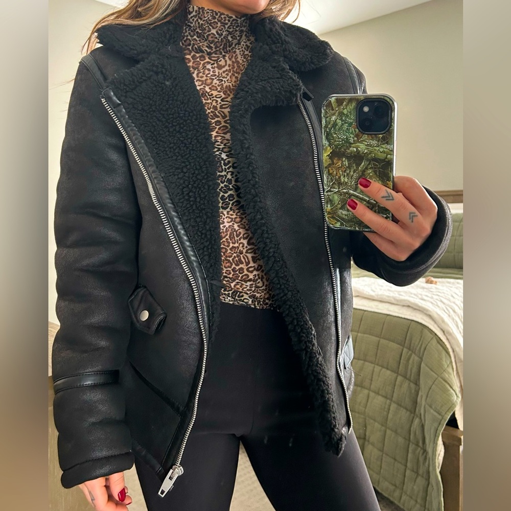 Zara Moto Biker Jacket suede and shearling